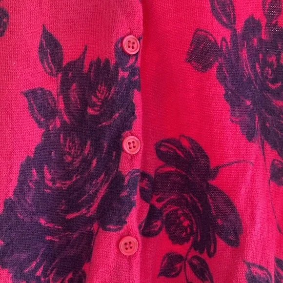 Women's Garnet Hill Pink & Black Cardigan with Rose Detail & 3/4 sleeve, size M - Picture 2 of 8